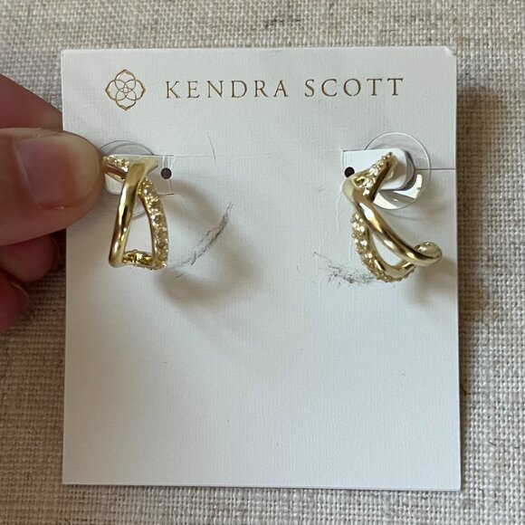 NWT Kendra Scott Annie White Crystal Gold Infinity Huggie Earrings - Picture 3 of 5